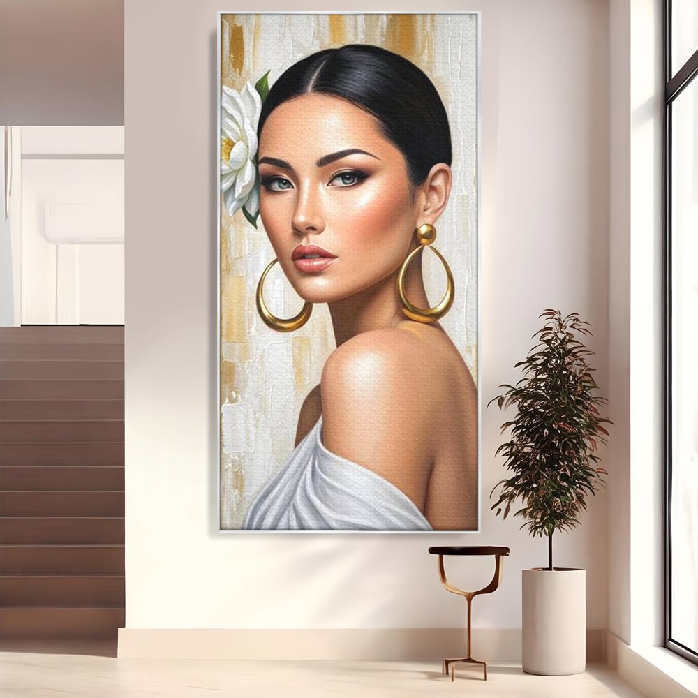 Tablou canvas cu tablou canvas cu portret de femeie, in rama de aluminiu argintiu